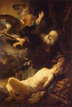 painting by Rembrandt: the angel intervenes