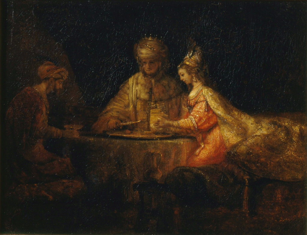 click for full size Rembrandt Harmensz. van Rijn: Haman and Ahasuerus visit Esther