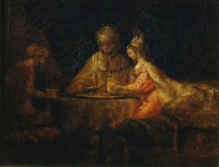 Rembrandt Harmensz. van Rijn: Haman and Ahasuerus visit Esther