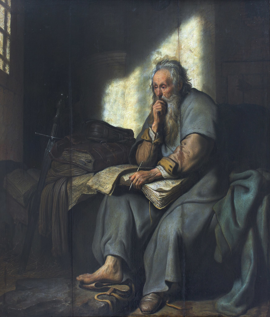 Rembrandt's painting, Paul in Prison. Paul is depicted in traditional manner: long beard, bald head, and with his distinctive attribute: the sword, quite remarkable given the context.